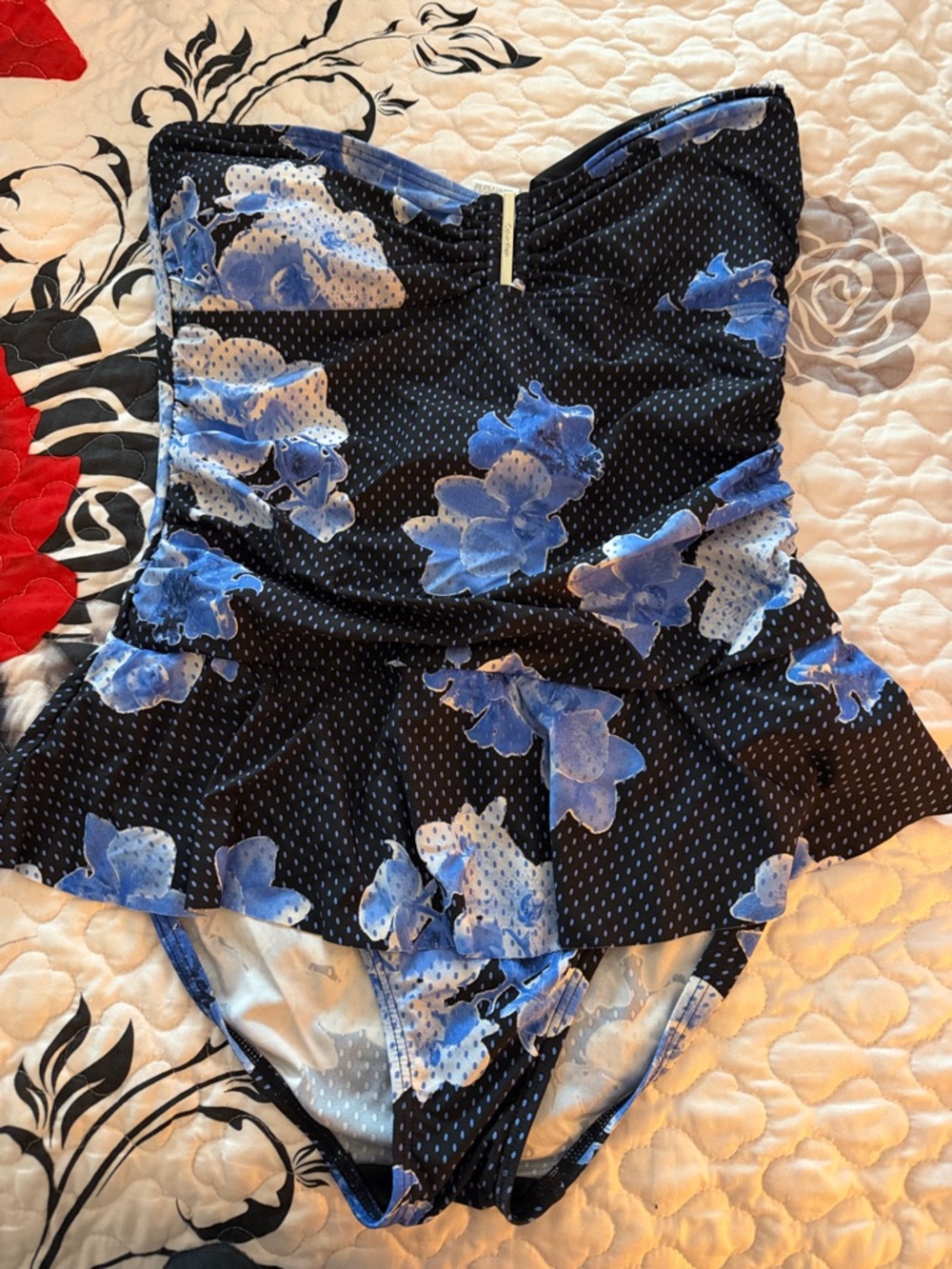Calvin Klein Black Swimdress with Blue Floral Print